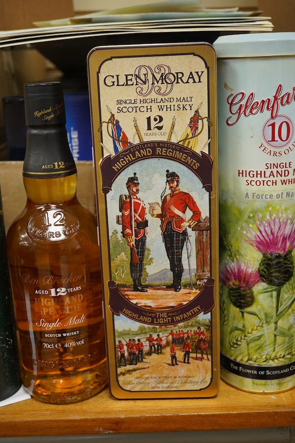 Five bottles of whisky and a half-bottle to include Highland Speyside single malt, aged 12 years and Pipers finest Scot whisky. Condition - fair